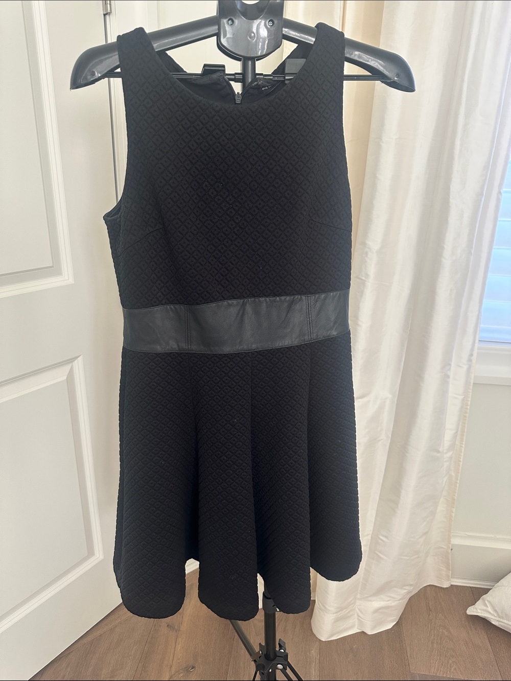 Club Monaco women’s Textured Fit-and-Flare Dress with genuine Leather Waistban